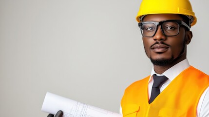 A confident construction professional in an orange safety vest and a yellow hard hat holds architectural plans, ideal for construction, engineering, safety, and professional development imagery,