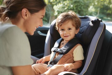 Mother Adjusting Car Seat for Baby