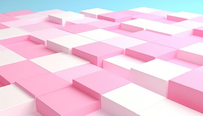 Pink and white cubes form a three-dimensional checkered pattern against a light blue background.