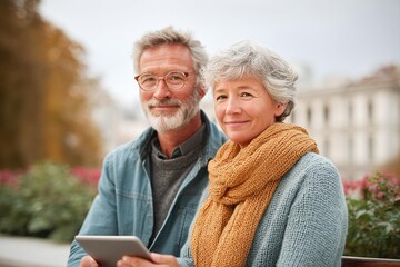 Senior Couple Outdoor Portrait with Digital Tablet