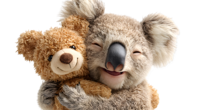 Koala Hugging Teddy Bear, isolated on transparent background