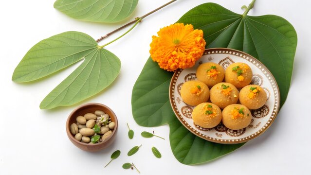 Traditional indian sweets, apta leaves, marigold blossoms decorating white surface during festive dussehra celebration