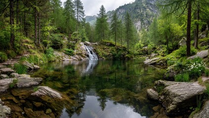 Obraz premium Tranquil mountain lake reflecting trees, small waterfall in distance