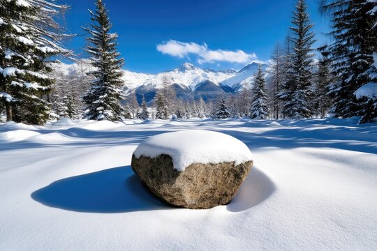 Snow-covered boulder in a winter landscape. - Powered by Adobe