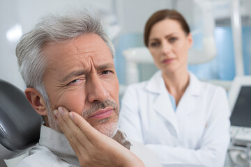 Obraz premium A middle-aged man is sitting in a modern dental chair, holding his cheek against toothache, with a woman dentist in a white coat standing next to him.
