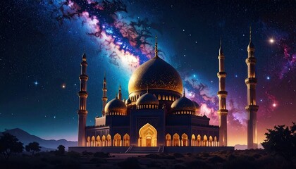 A grand mosque with gold domes and minarets stands illuminated against a vibrant night sky with a swirling galaxy.