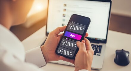 Man Holding Phone Displaying Advertising Concept for Mobile Devices, Laptop in Background for Added Context