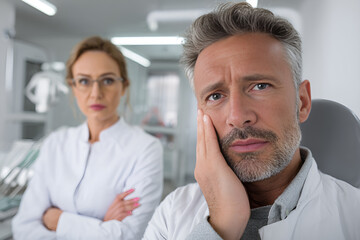 Obraz premium A middle-aged man is sitting in a modern dental chair, holding his cheek against toothache, with a woman dentist in a white coat standing next to him.