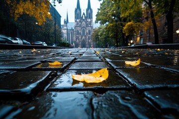 Rainy Day View of Cologne Cathedral from Cobblestone Street