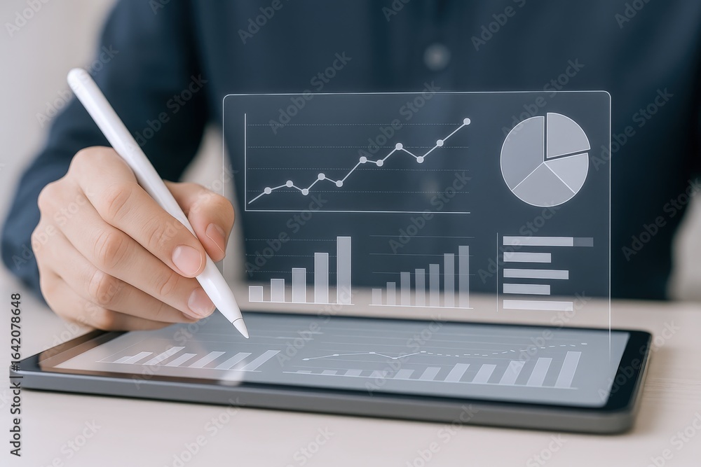 Poster data visualization on a tablet: hand analyzing charts and graphs with stylus for business intelligen