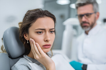 A beautiful young woman is sitting in a modern dental chair, holding her cheek against toothache, with a man dentist in a white coat standing next to her.