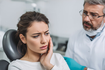 Fototapeta premium A beautiful young woman is sitting in a modern dental chair, holding her cheek against toothache, with a man dentist in a white coat standing next to her.