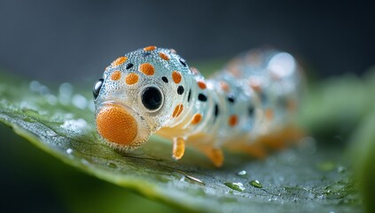 Translucent caterpillar with orange and black spots on a green leaf