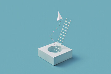 Paper ladder from hole with flying plane on blue