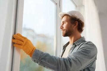 Fototapeta premium Caucasian Worker Installing Window Frame