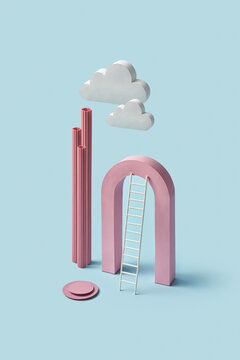 Paper ladder under cloud with pink arch and pipes