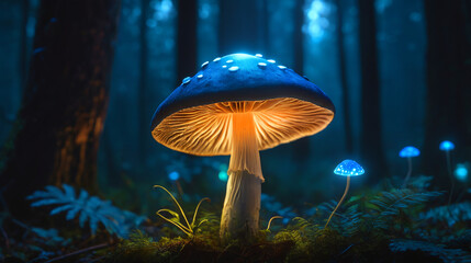 Glowing mushrooms in a dark enchanted forest at night, creating a magical atmosphere