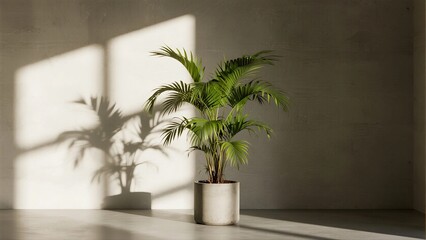 Obraz premium Indoor palm plant in white pot with natural light shadow