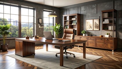 A wooden desk and chair sit on a rug in a home office with large windows, bookshelves, and a herringbone wood floor.