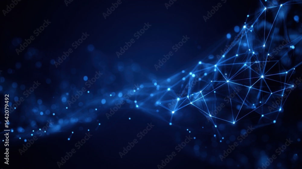 Poster lines and dots create a dynamic representation of a digital network in a deep blue environment, symb
