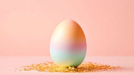 Pastel rainbow Easter egg on gold leaf flakes against a soft pink background