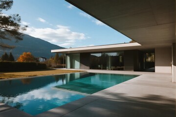 Fototapeta premium Modern minimalist house with infinity pool and mountain view