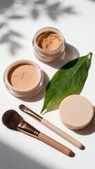 Natural makeup products with brushes and green leaf on white background