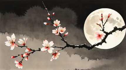 Delicate Cherry Blossoms Against a Full Moon: A Serene Watercolor Painting