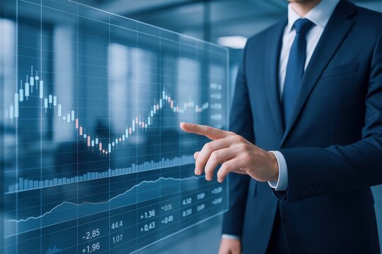 Financial Analyst Examining Stock Market Data on Transparent Screen Display, Wearing a Suit, Pointing at Graph