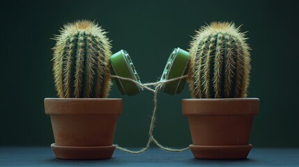 Unique cactus display with green headphones and a string connection in a creative indoor setting at night