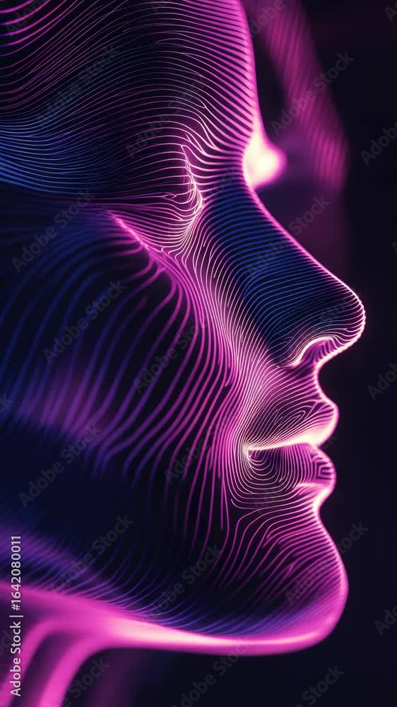 Poster 3d scan of a face with purple glowing lines and textures