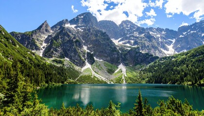 A serene, green lake sits nestled amidst a range of snow-capped mountains, surrounded by lush green forests.
