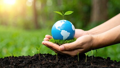 Two cupped hands hold a small globe with a plant sprout atop, positioned above dark soil with other small sprouts.