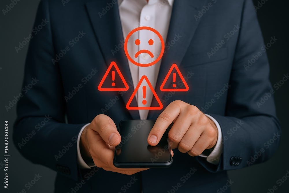 Poster man holding smartphone with error message, represents frustration and technical issues in applicatio