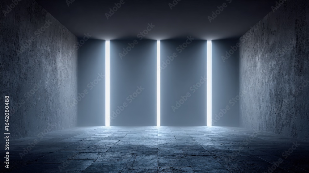 Poster abstract minimalist interior with three vertical lights: modern architecture and design in a concret