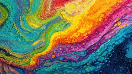 A vibrant array of colors blends harmoniously on canvas, showcasing swirling patterns in bright hues. This artwork reflects a creative experimentation in a modern artists studio environment.