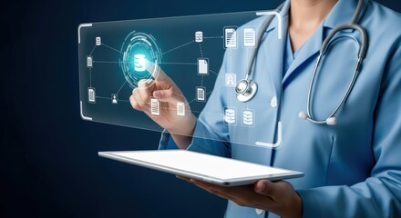 Doctor Interacting with Futuristic Medical Interface on a Tablet, Representing Telemedicine and Data Analysis