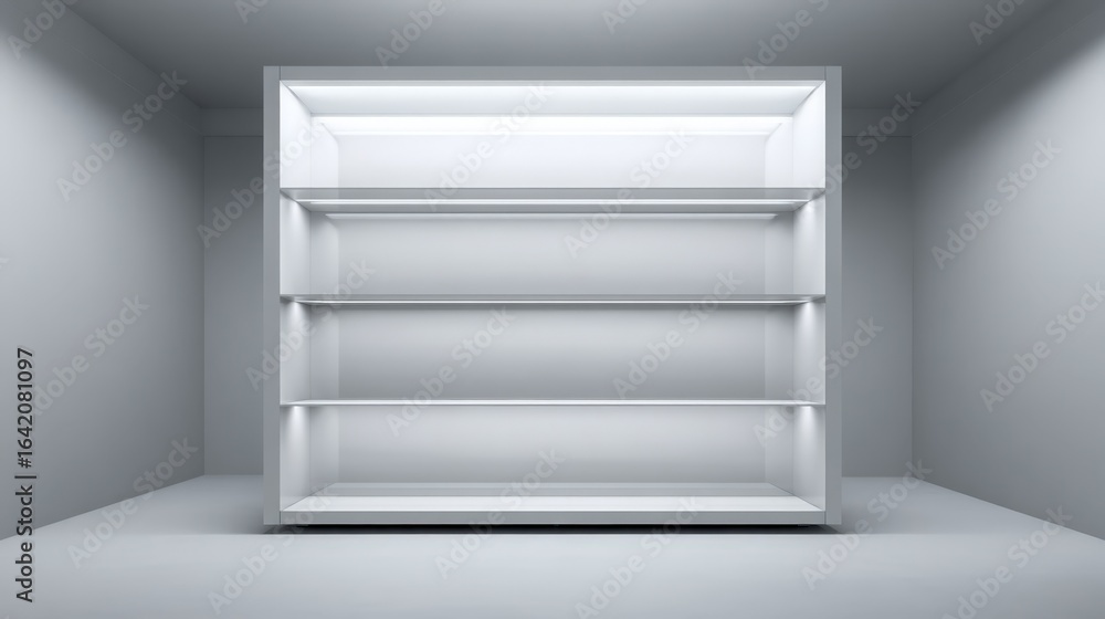 Poster empty illuminated display shelf in a clean white room for product placement and mockups