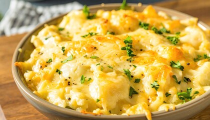 A close-up view of a cheesy scalloped potatoes dish topped with chopped parsley and black pepper.