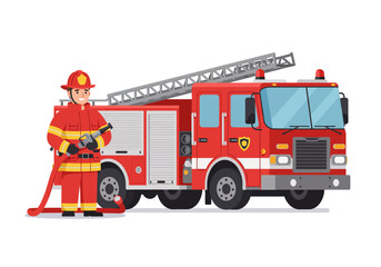 Cartoon Firefighter with Hose and Red Firetruck with Ladder
