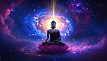 A serene statue of Buddha sits in lotus pose on a pink lotus flower, against a backdrop of a swirling galaxy and nebulae.