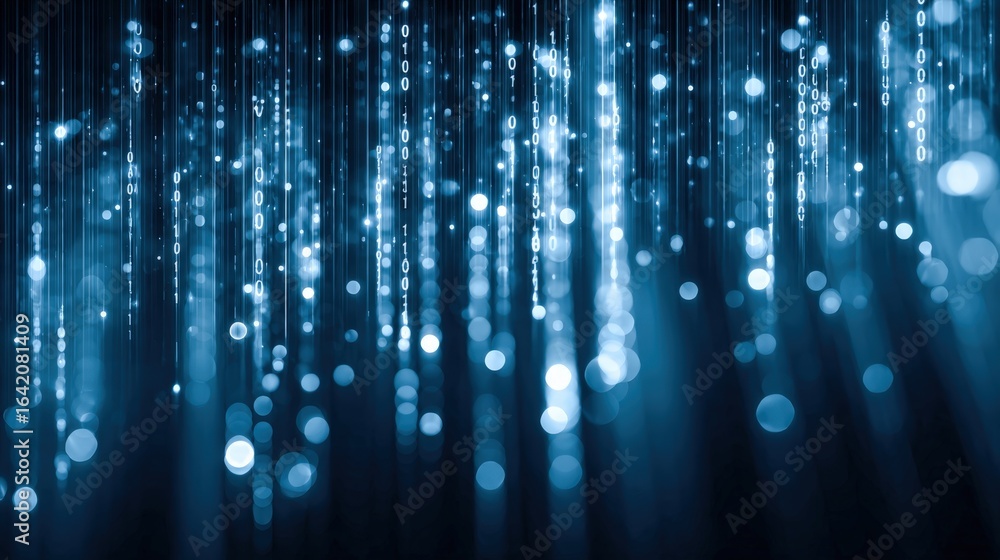 Poster digital rain binary code stream abstract background: modern technology and data communication concep
