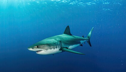 A great white shark swims in clear blue water, its body angled slightly downward.