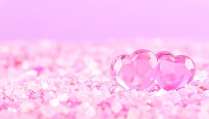 Two translucent pink heart-shaped objects rest on a bed of small, light pink granular material against a blurred, light pink background.
