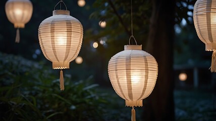 Obraz premium Illuminated paper lanterns hanging outdoors at night creating a festive and warm ambiance scene