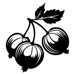Stylized Black and White Illustration of Apples on a Branch with Leaves