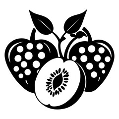 Stylized Black and White Illustration of Fruit with Leaves and Seeds