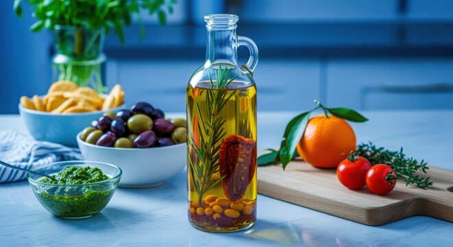 Infused Olive Oil Bottle with Olives, Chips, Tomatoes, and Pesto on Kitchen Counter