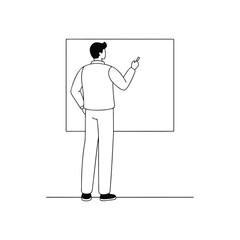Teacher drawing on whiteboard with chalk line art on white background