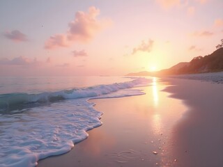 Fototapeta premium Gentle ocean waves at sunrise, golden sunlight reflecting on wet sand, pastel morning sky, scenic coastal landscape photography in ultra realistic high resolution detail